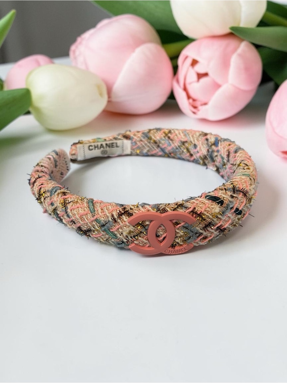 Pink Multicolor Tweed Hairband with Pink Emblem